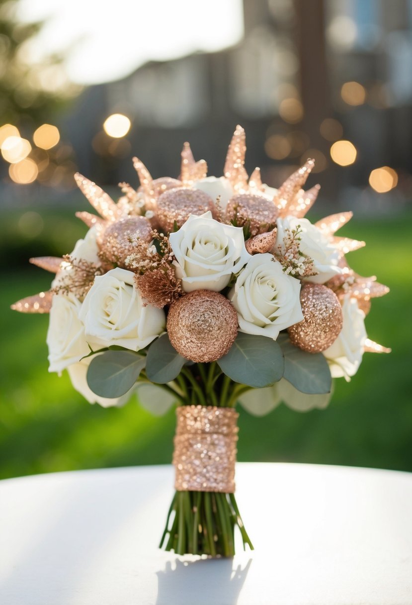 A wedding bouquet featuring rose gold glitter accents sparkling in the sunlight