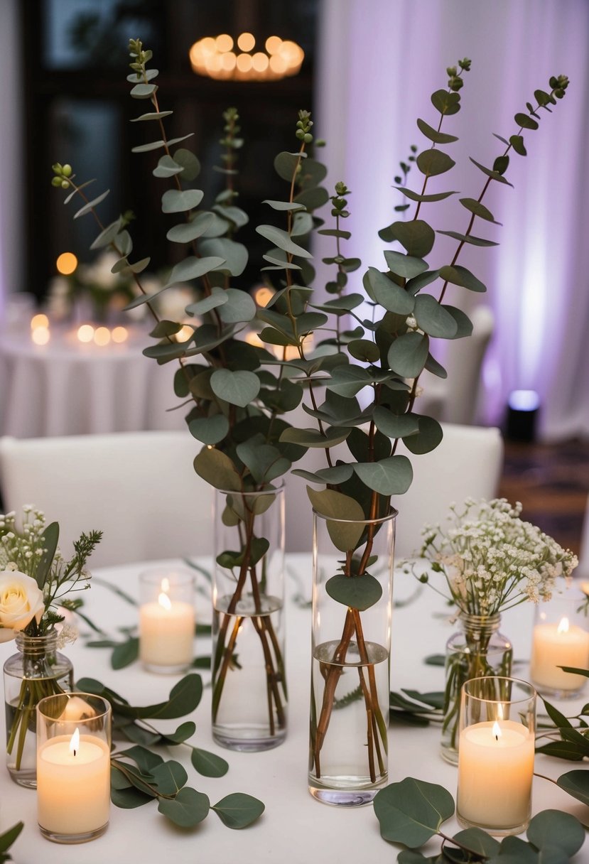 Tall eucalyptus sprigs arranged in glass vases on a wedding reception table, surrounded by flickering candles and delicate white flowers