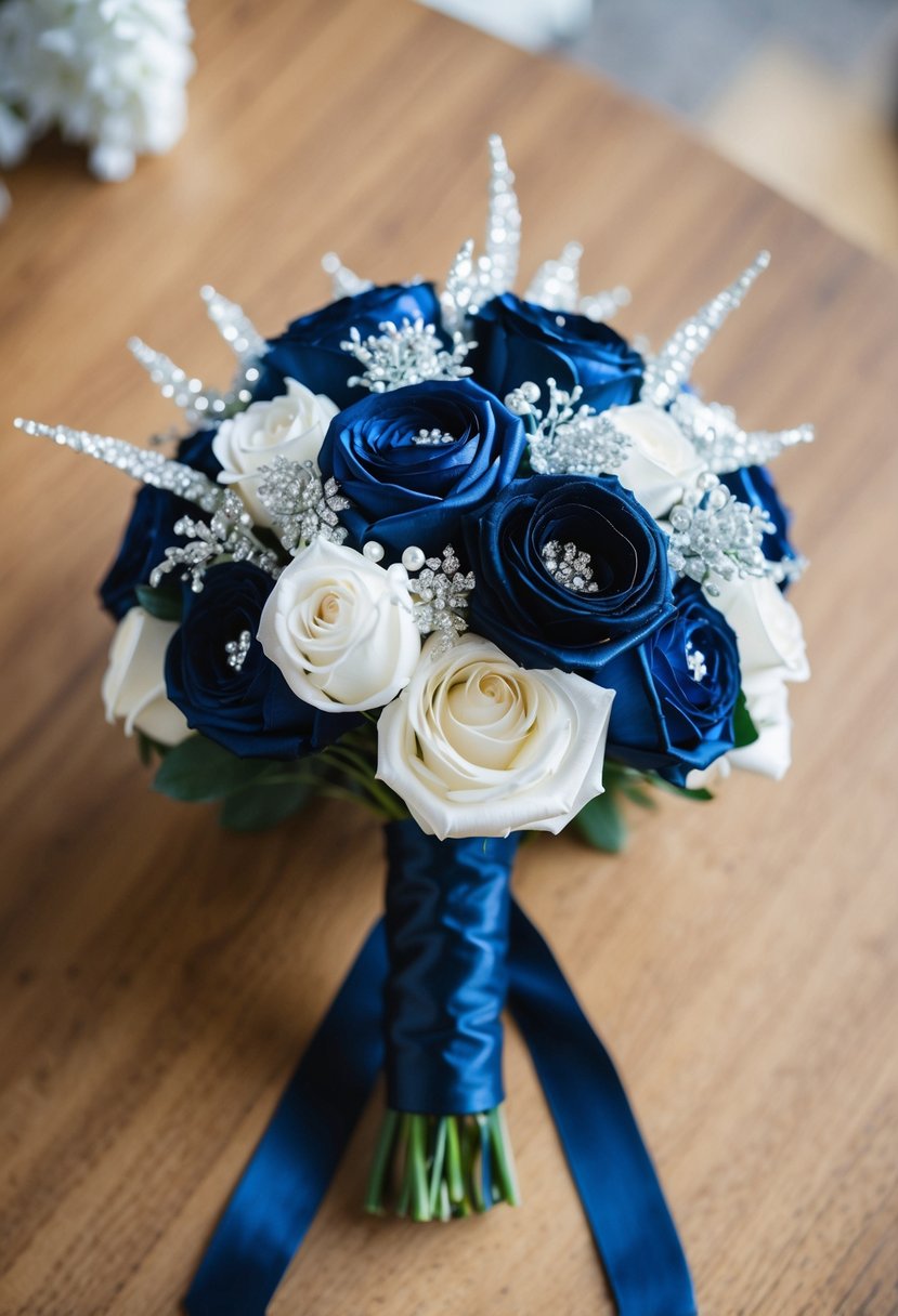 A navy and glitter mix wedding bouquet with sparkling details and elegant ribbon