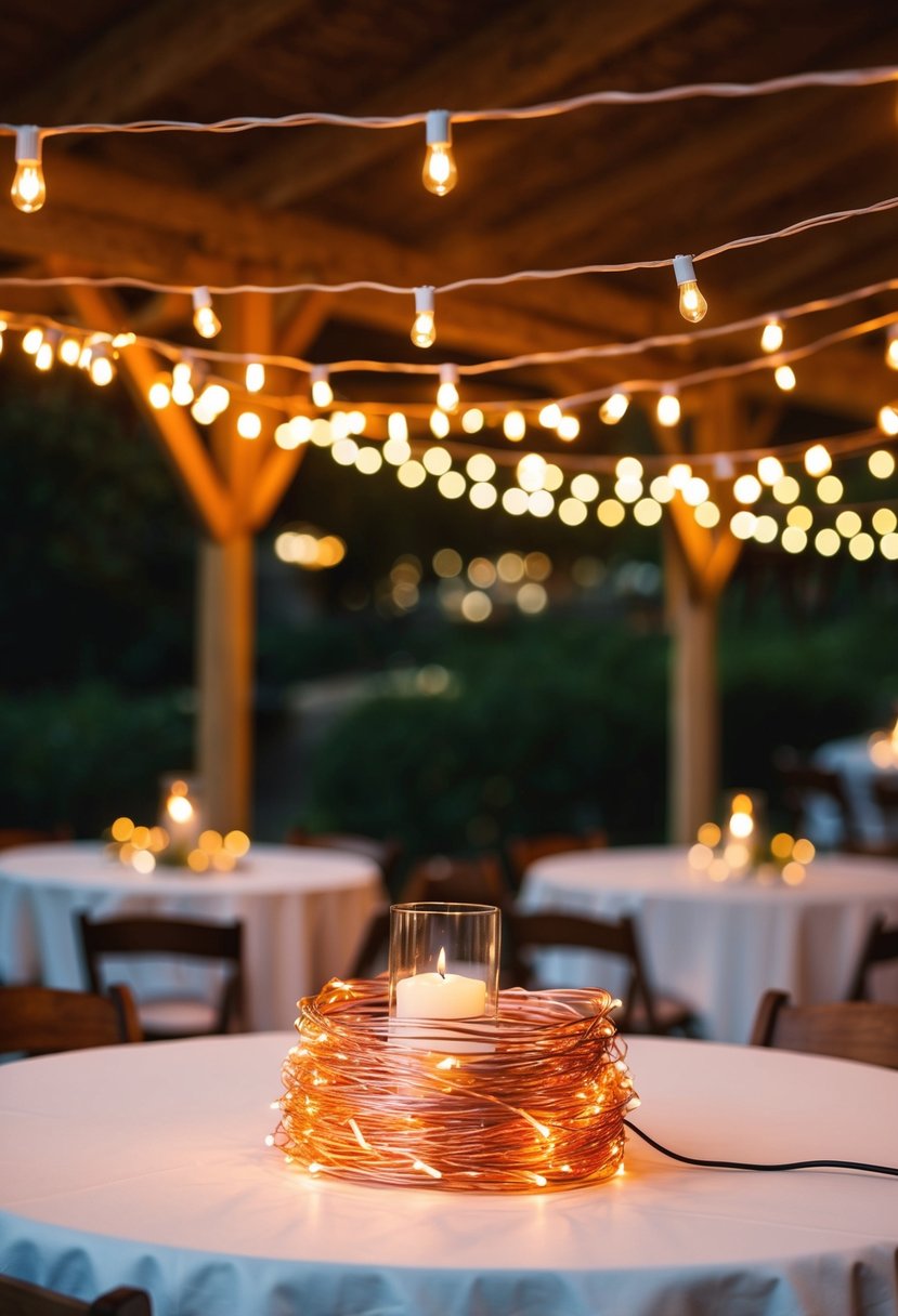 Copper string lights draped over a wedding table, casting a warm glow