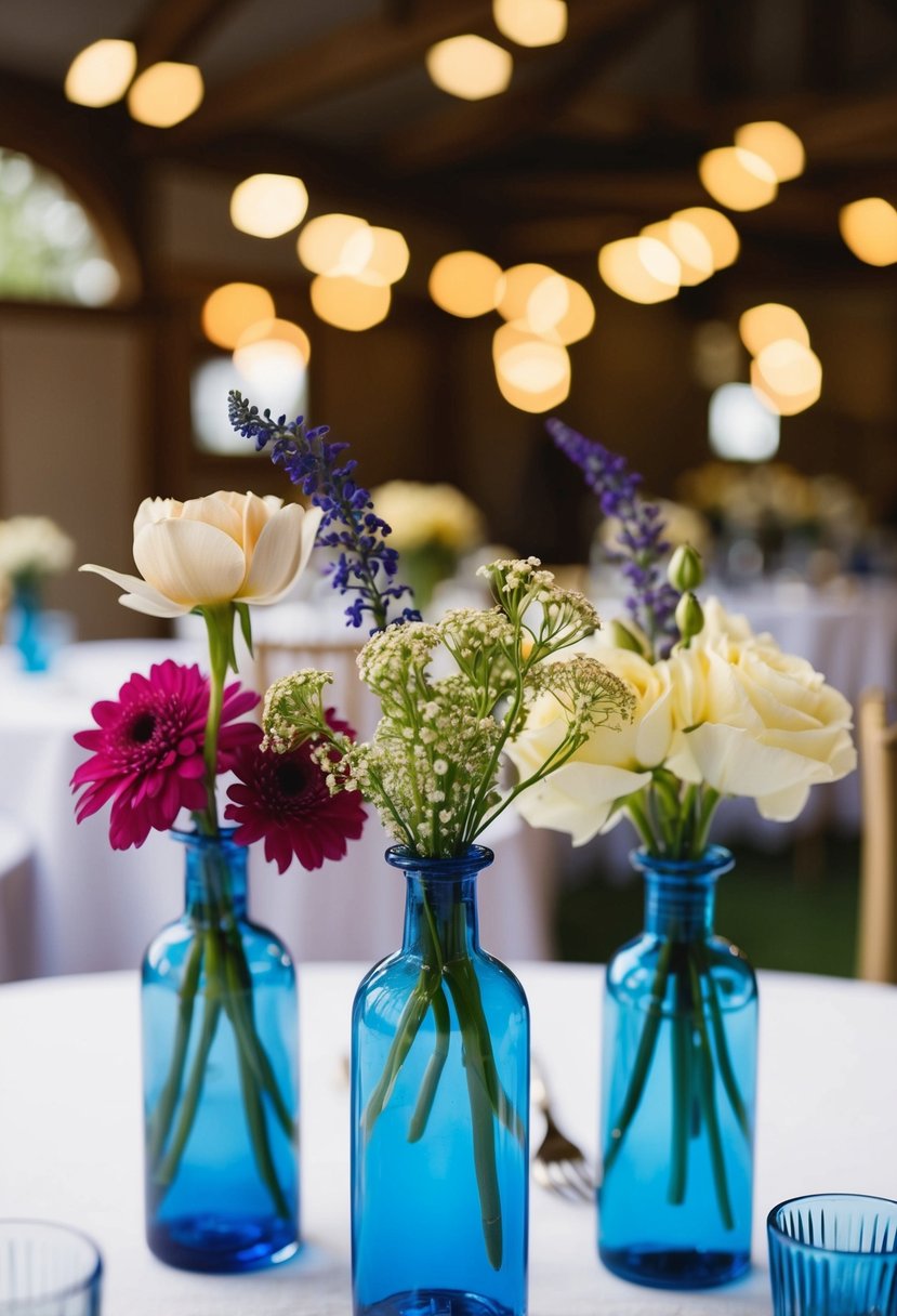 Three color-coordinated bud vases arranged on a wedding table, each filled with a different type of flower