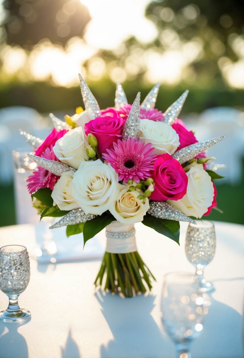 A sparkling bouquet of vibrant flowers and glittering accents catches the light in a romantic wedding setting