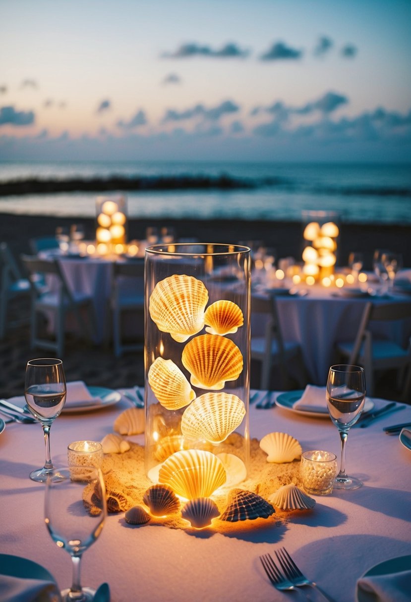 LED-lit beach wedding centerpieces with shells illuminate a romantic table setting by the shore