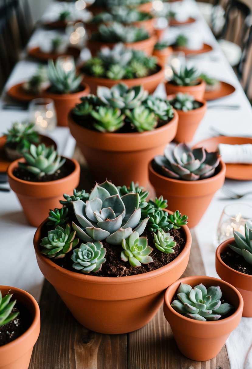 Succulent-filled terracotta pots arranged as wedding table centerpieces