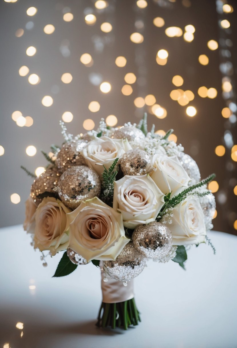 A sparkling wedding bouquet with sequins and roses