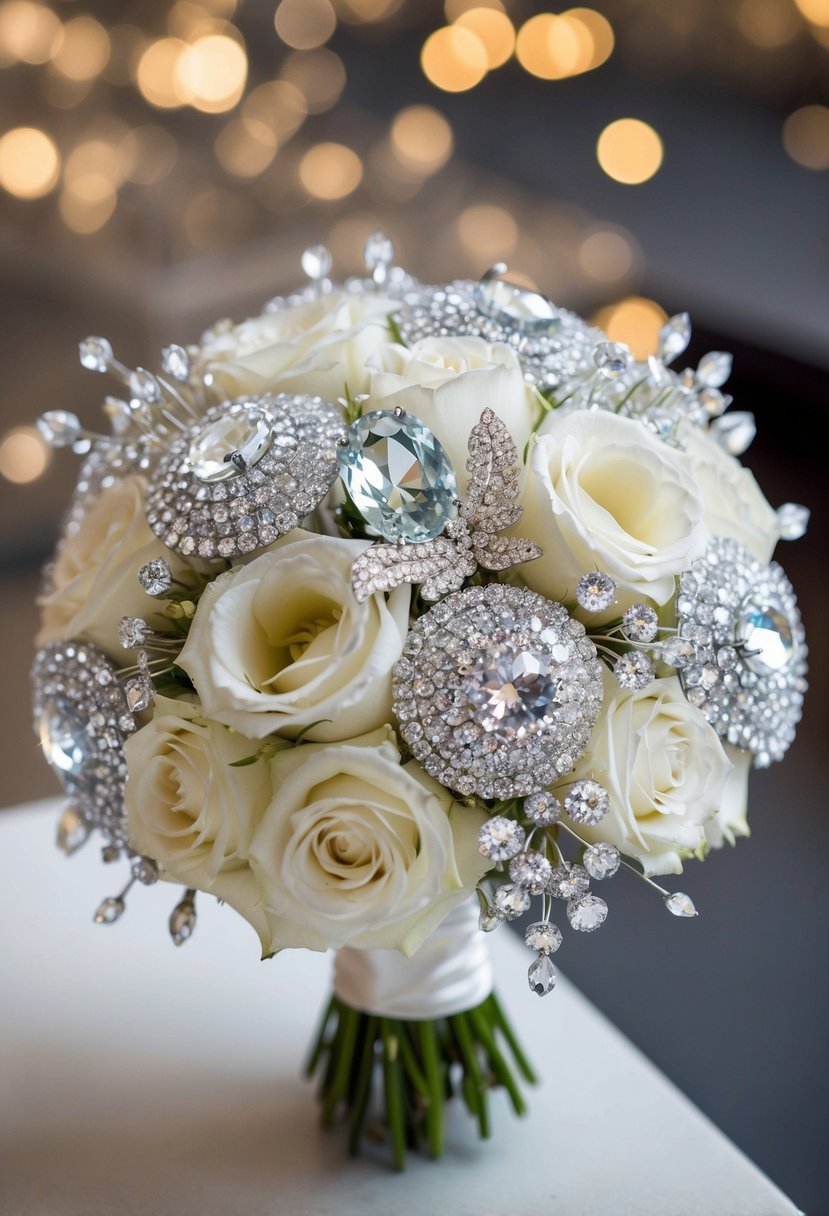 A sparkling crystal and glitter wedding bouquet with shimmering jewels and delicate flowers