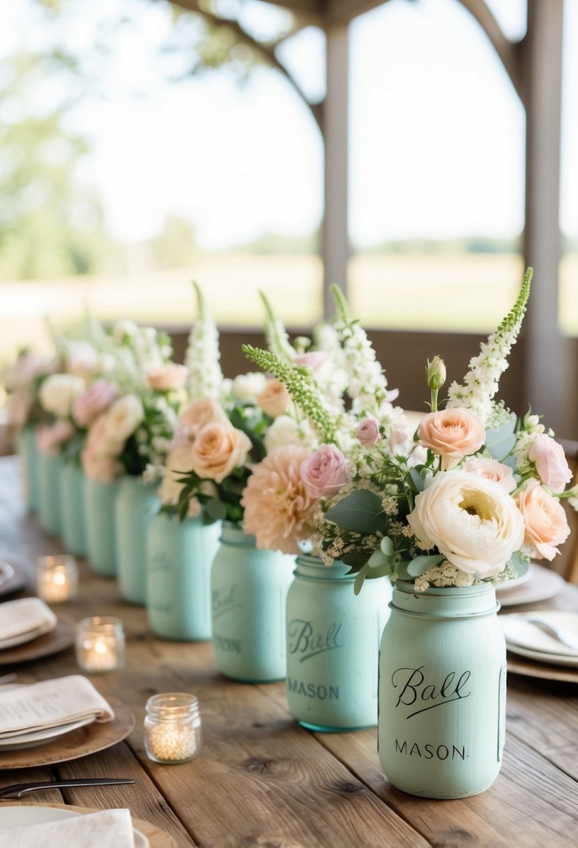 A rustic wooden table adorned with mason jar flower arrangements in soft pastel hues, creating a charming and elegant wedding centerpiece