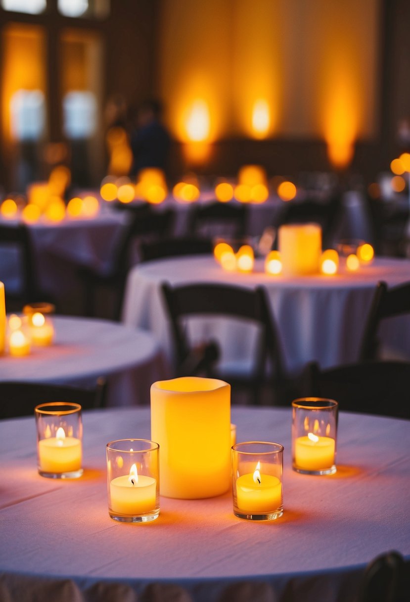 LED votive candles cast a warm glow on scattered tables, creating a romantic ambiance for a wedding reception