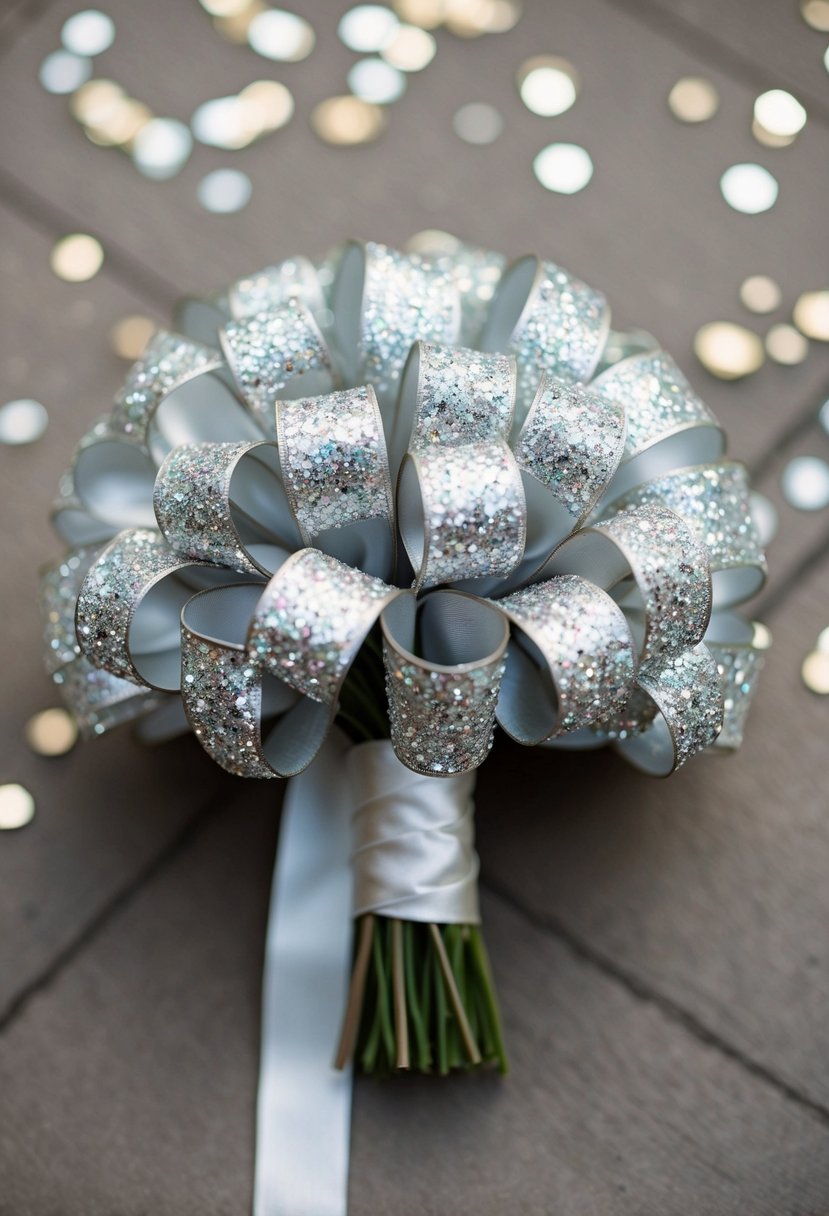 A sparkling metallic ribbon-wrapped wedding bouquet, adorned with shimmering glam glitter accents