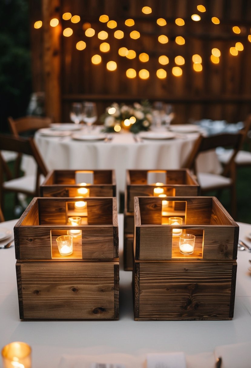 Rustic wooden boxes adorned with LED inserts illuminate a wedding table