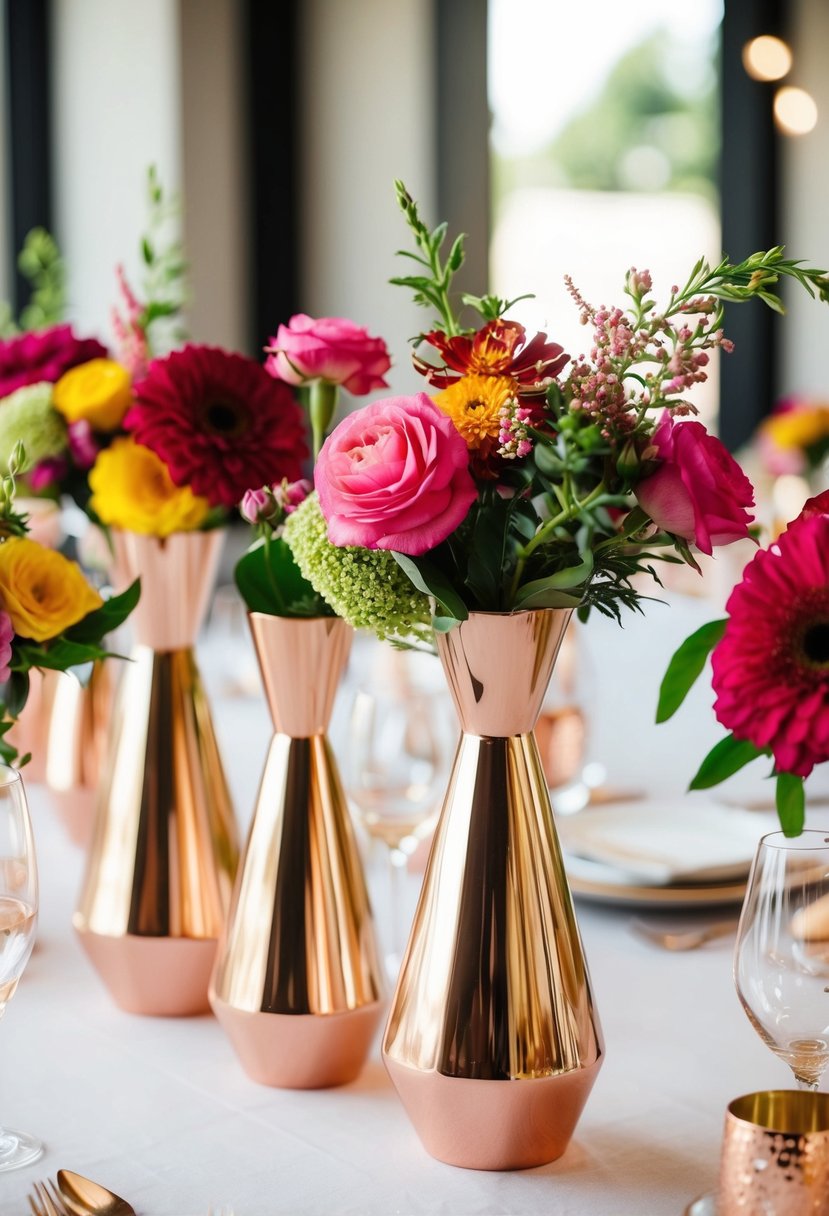 Rose gold geometric vases arranged on a wedding table with vibrant flowers