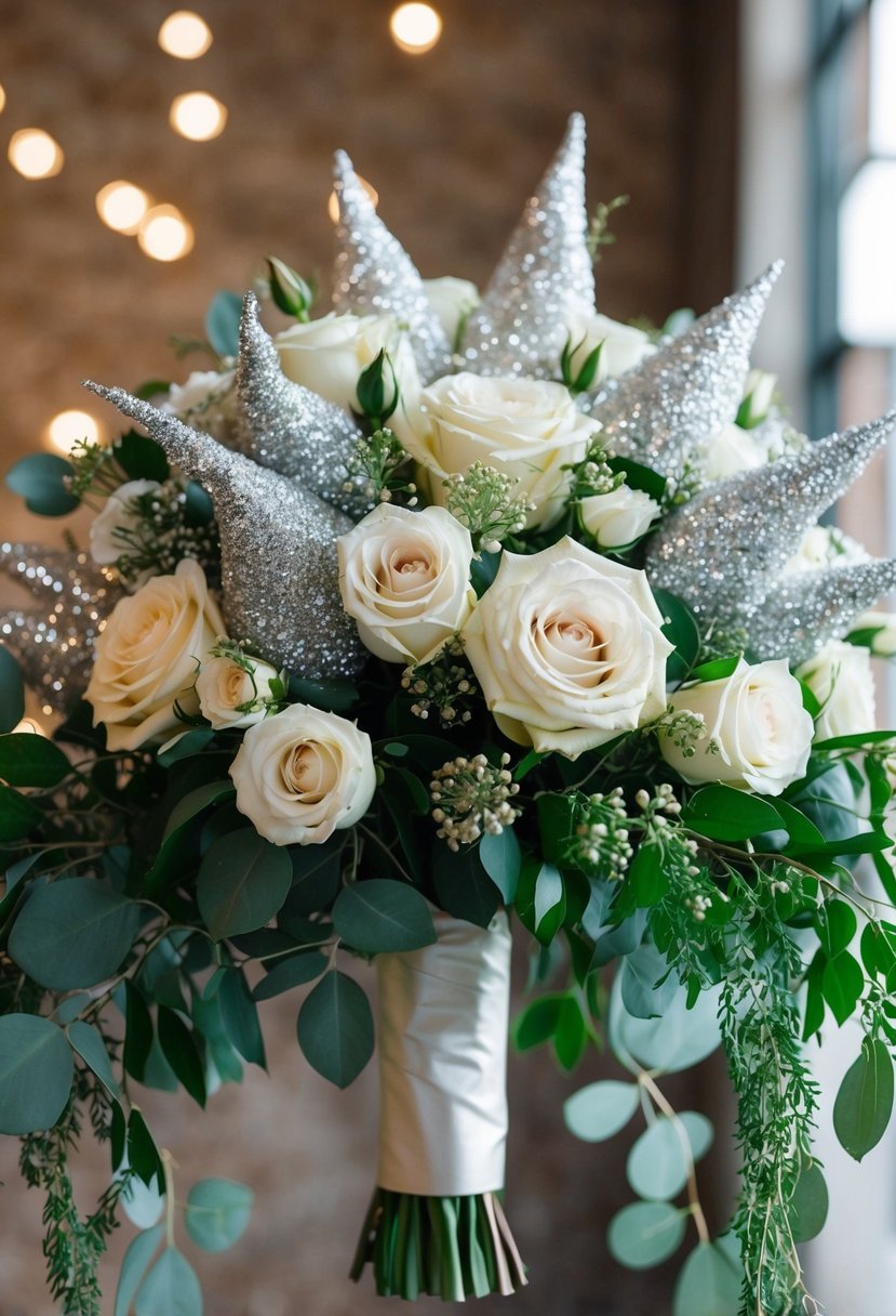 A sparkling silver glitter highlights a cascading wedding bouquet of roses and greenery