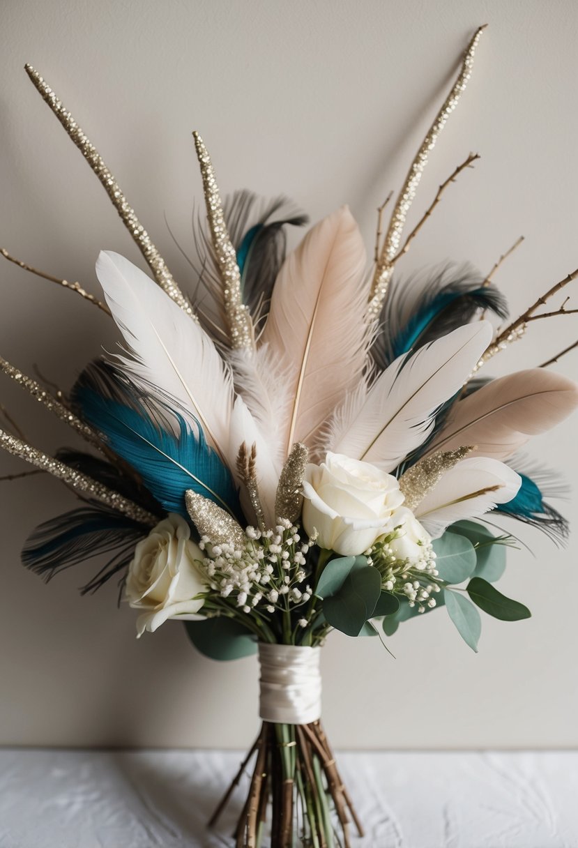 A bouquet of feathers and glittering twigs arranged in a delicate and elegant wedding bouquet