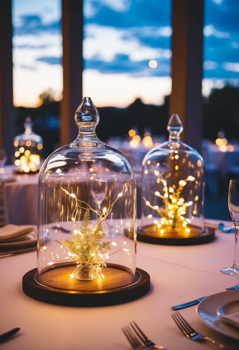 Glass cloches glow with fairy lights, adorning wedding tables