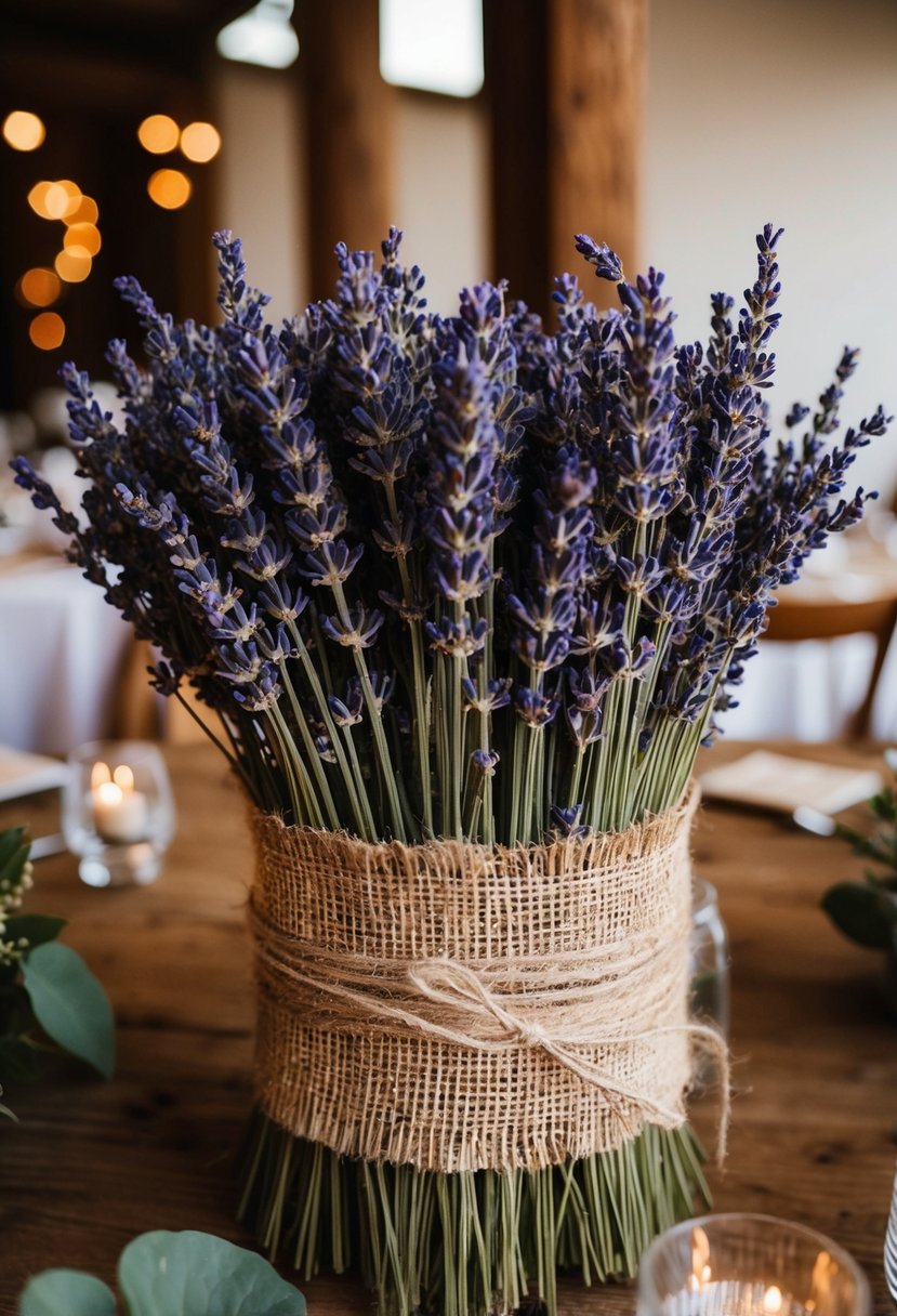 Dried lavender bundles wrap around rustic wedding table centerpieces