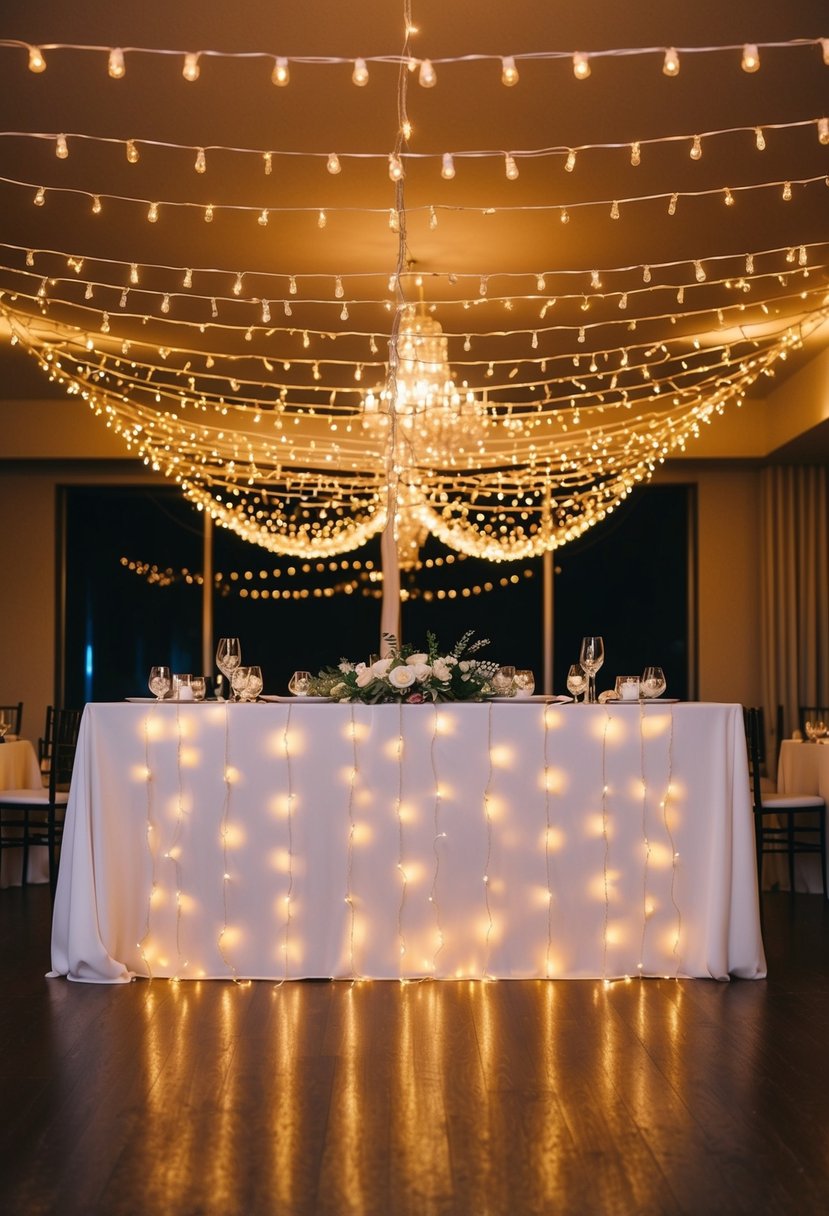 LED light garlands draped across a wedding reception table, casting a warm glow and creating a romantic ambiance