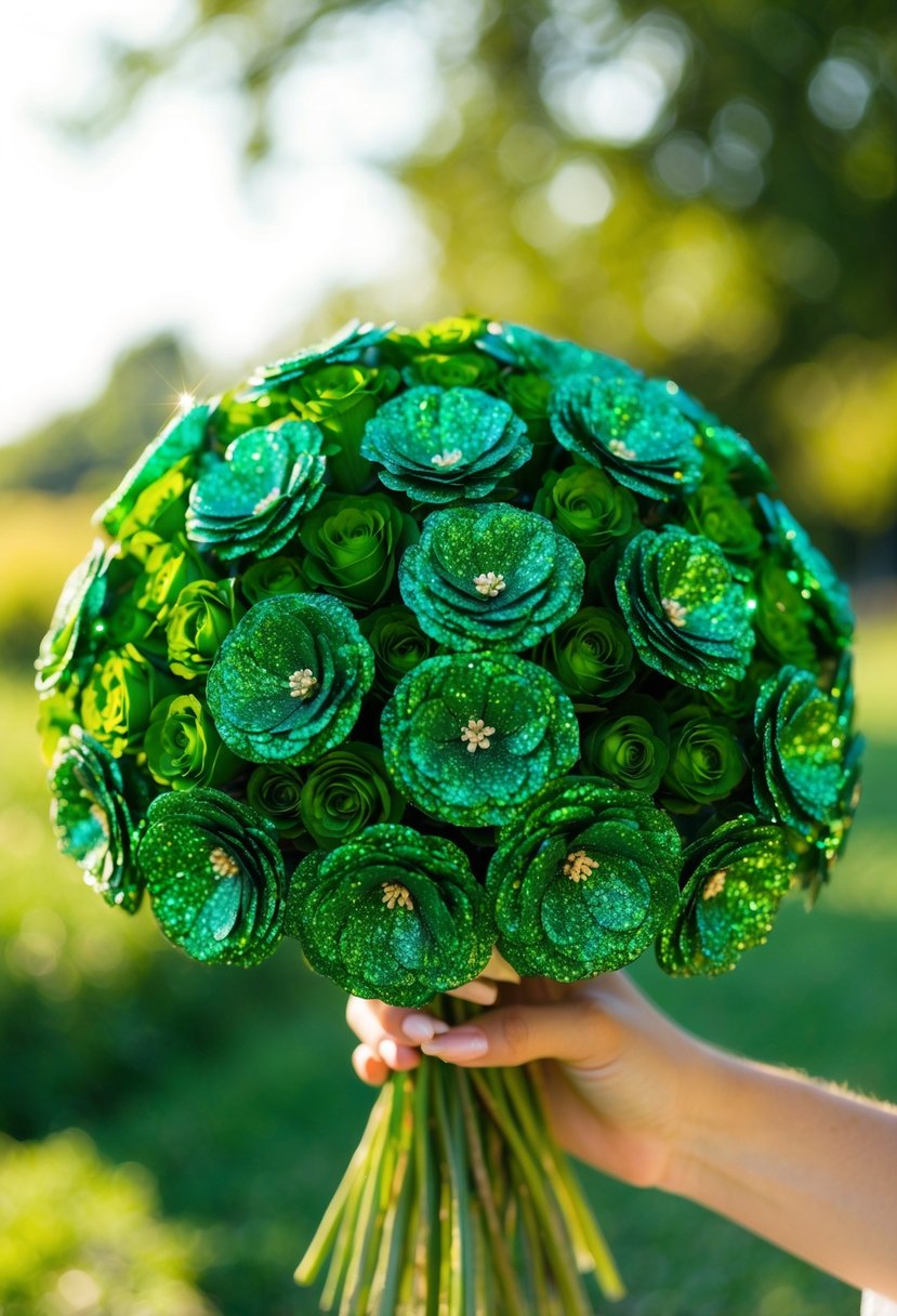 A lush bouquet of green glitter-infused flowers, sparkling in the sunlight