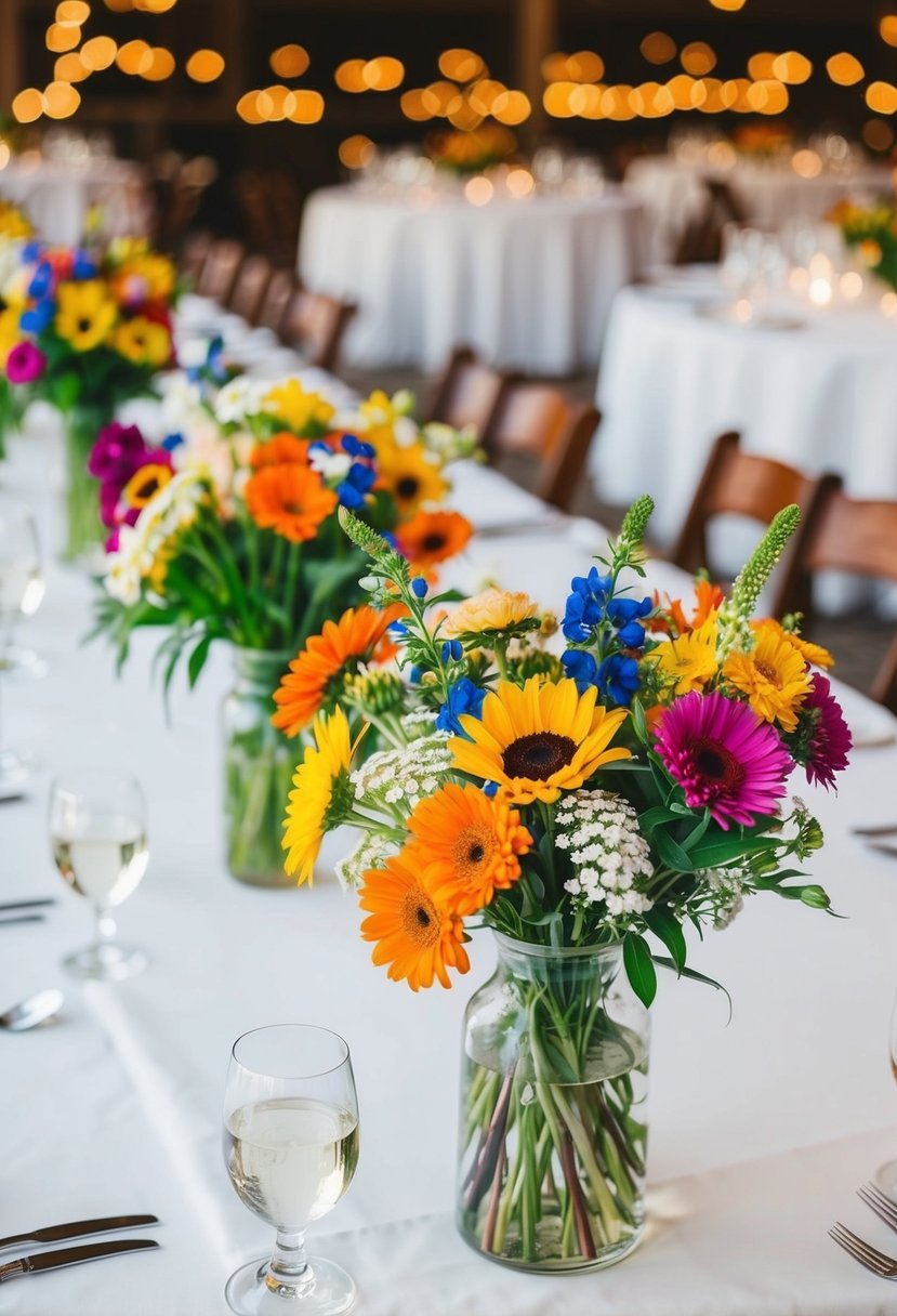 Colorful wildflower bouquets arranged on wedding reception tables