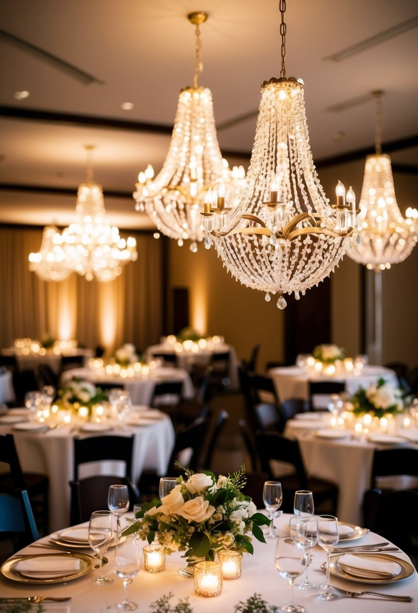 Miniature LED chandeliers hang over elegantly set wedding tables, casting a warm glow on the intricate table decorations