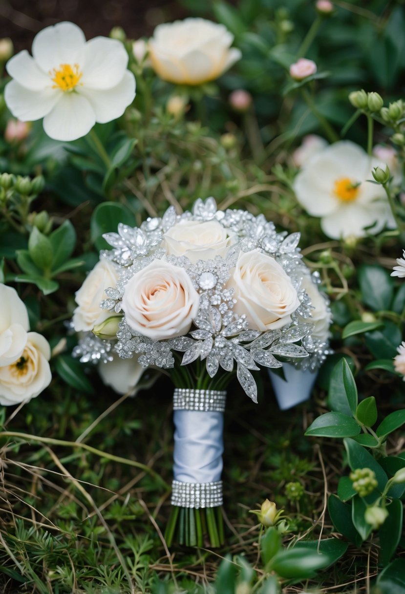 A sparkling wedding bouquet with glitter and rhinestones, nestled among lush greenery and delicate blooms