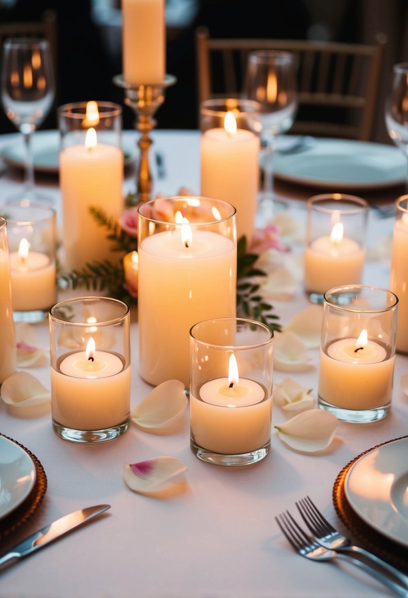 Floating candles surrounded by delicate petals create an elegant wedding table centerpiece