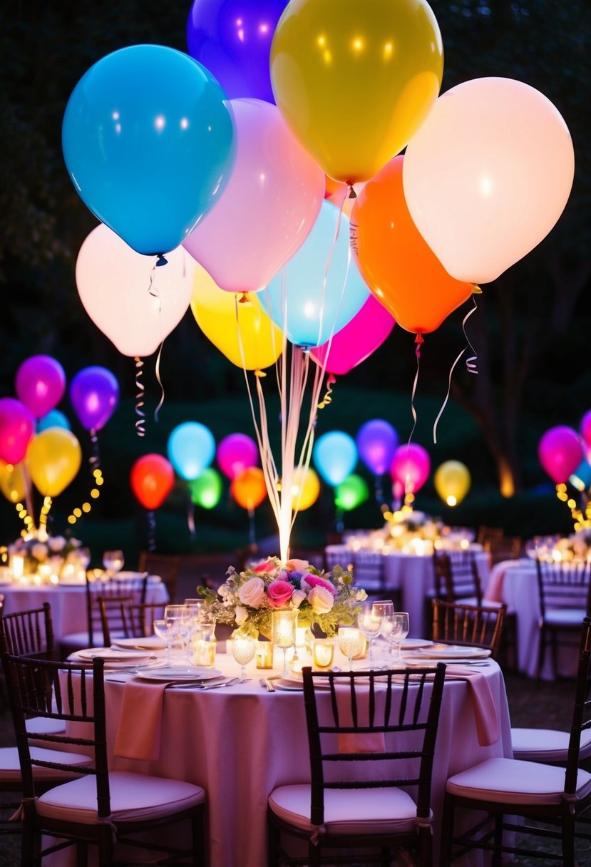 Colorful LED balloons illuminate a wedding table, creating a whimsical and enchanting atmosphere