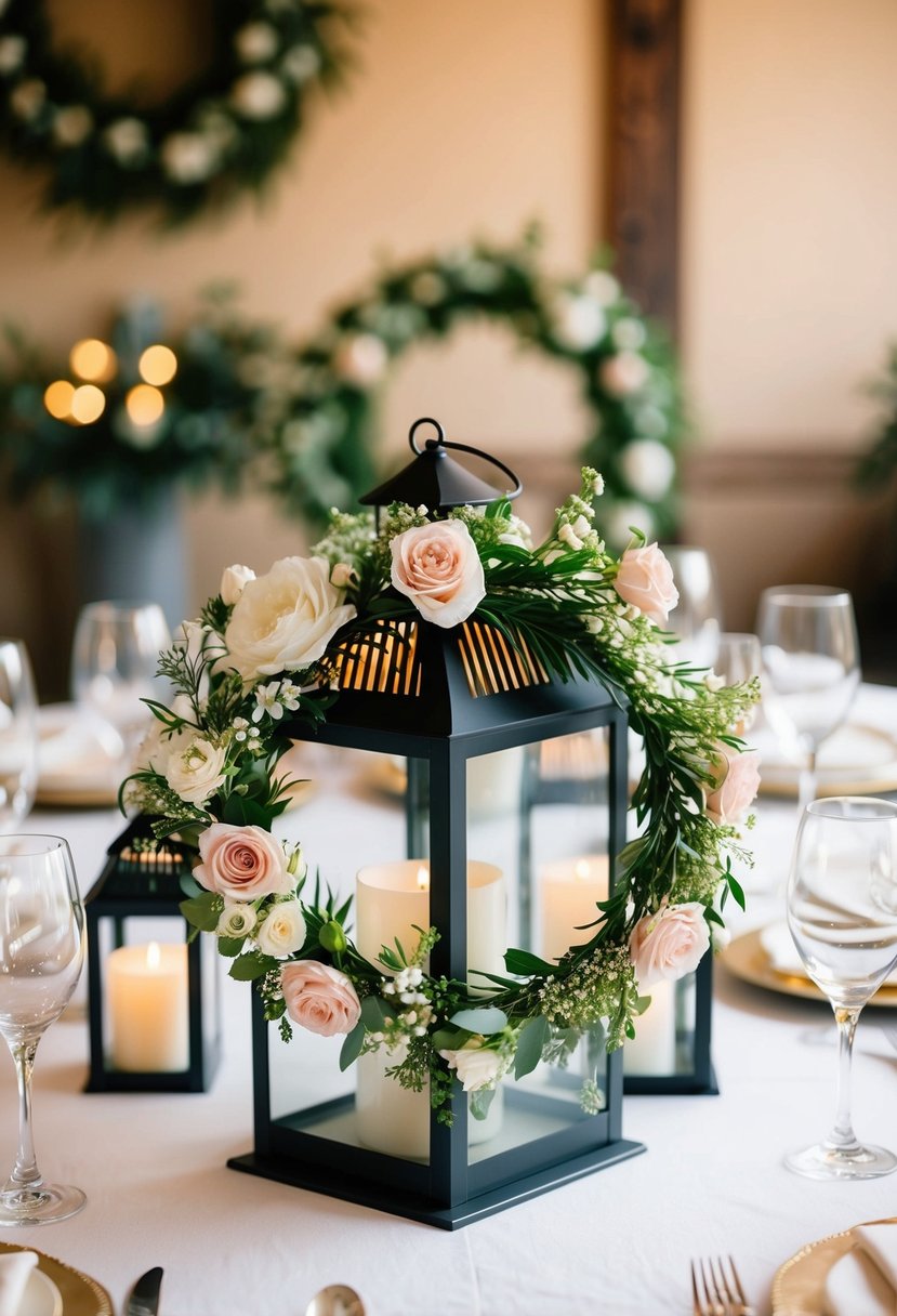 Floral wreaths adorn lanterns on a wedding table, creating a romantic and elegant centerpiece