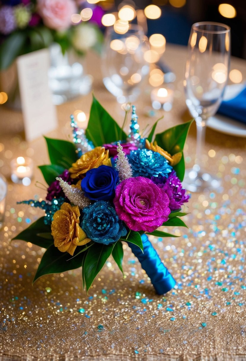 A vibrant boutonniere and bouquet sparkle with colorful glitter, creating a dazzling wedding display