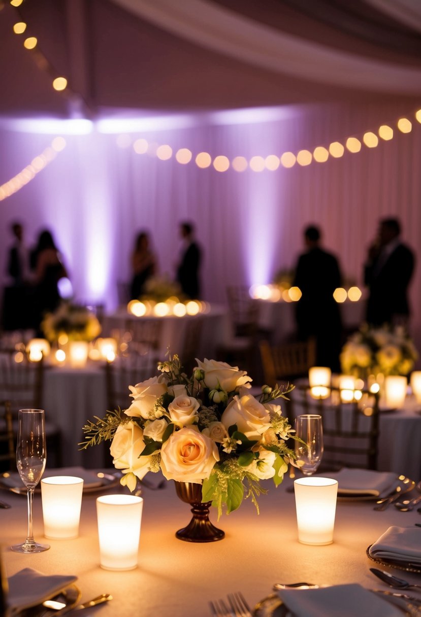 Small LED spotlights illuminate wedding table decor, casting a warm glow on the centerpieces and creating a romantic ambiance