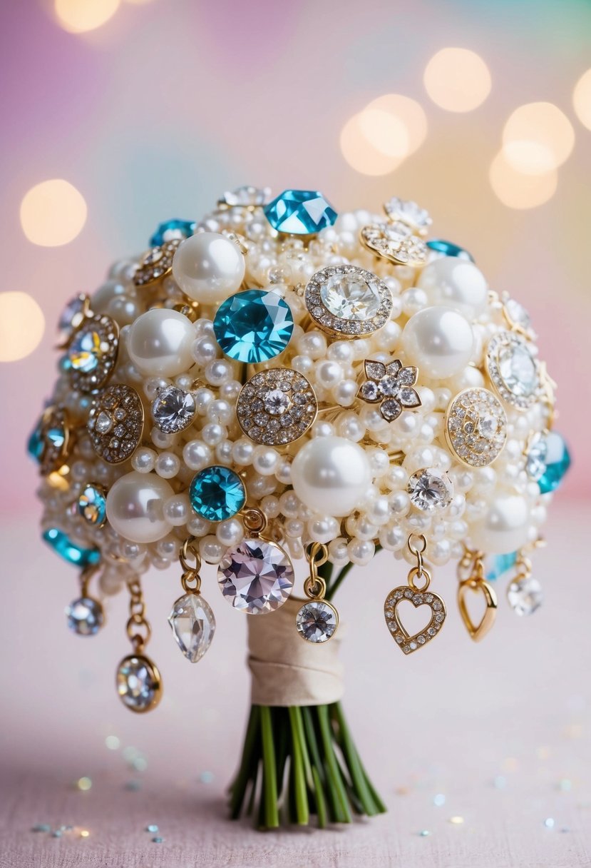 A sparkling, whimsical charm bouquet with glittering crystals and delicate charms, set against a dreamy pastel background