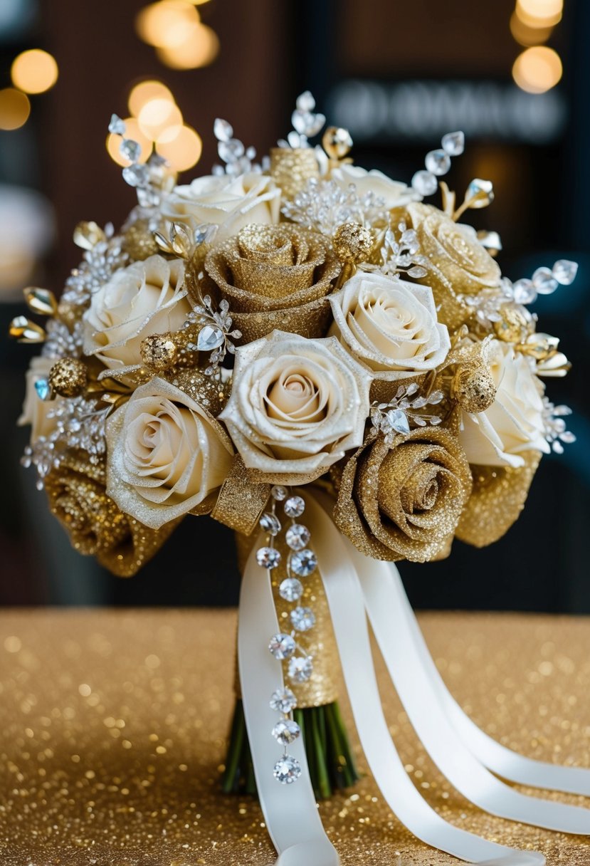 A sparkling gold and glittery fusion wedding bouquet with shimmering roses, cascading ribbons, and delicate crystal accents