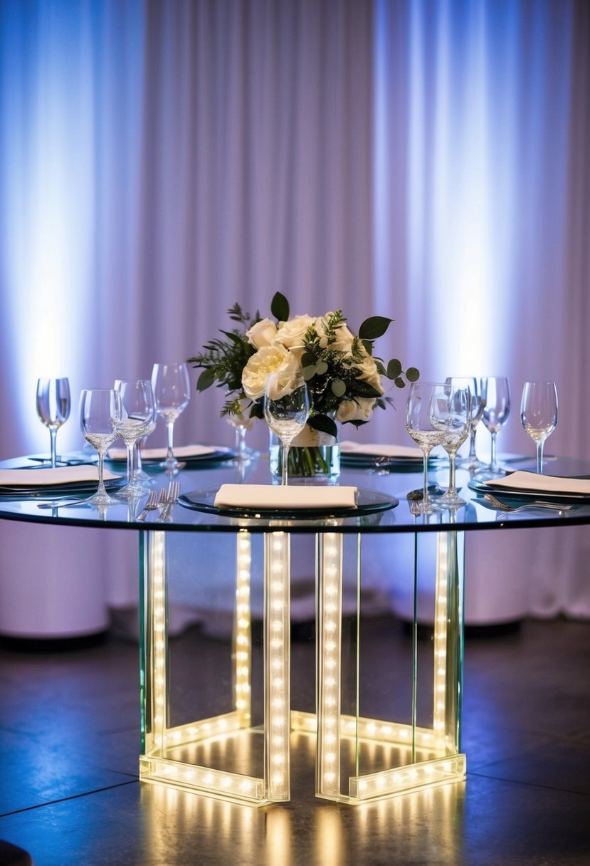 Glass tables with LED strips underneath, emitting a soft glow. Perfect for a wedding reception