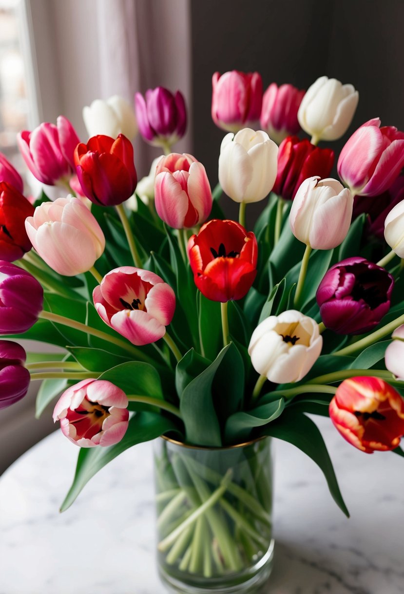 A vibrant bouquet of tulips in various shades of pink, red, and white, arranged in a delicate and elegant manner