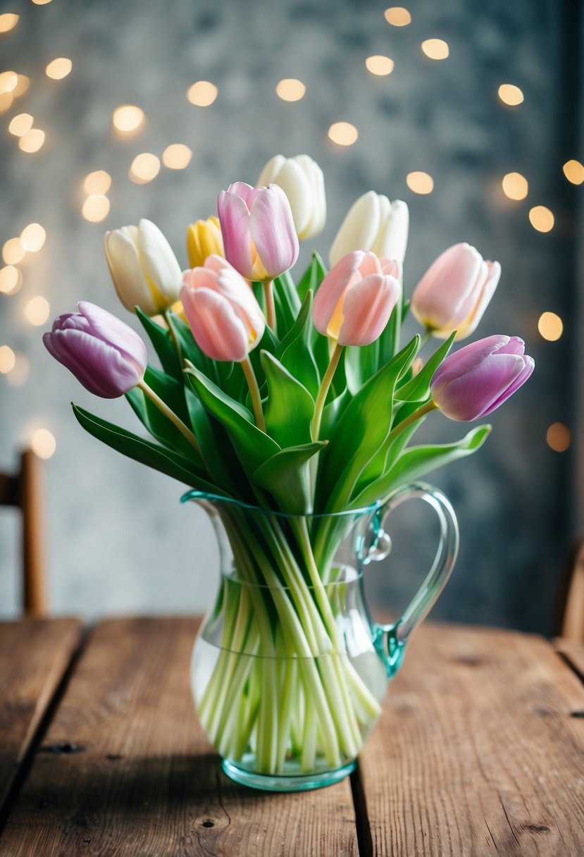 A classic pastel tulips bouquet arranged in a glass vase on a rustic wooden table