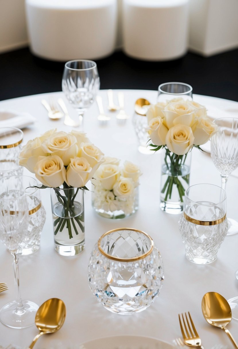 A sleek, minimalist table adorned with crystal vases, white roses, and gold accents