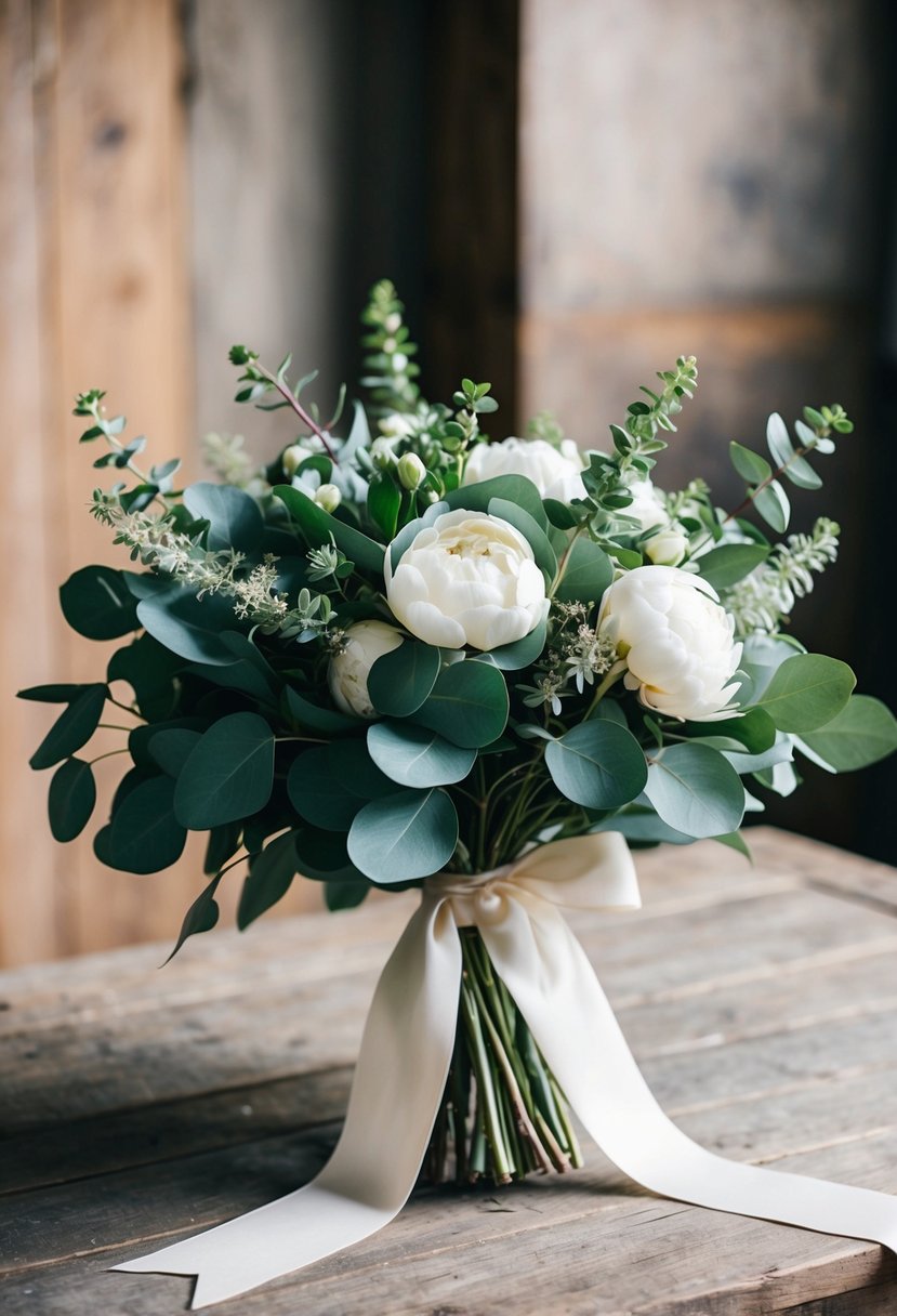 A lush bouquet of eucalyptus and peonies, tied with a delicate ribbon, sits on a rustic wooden table