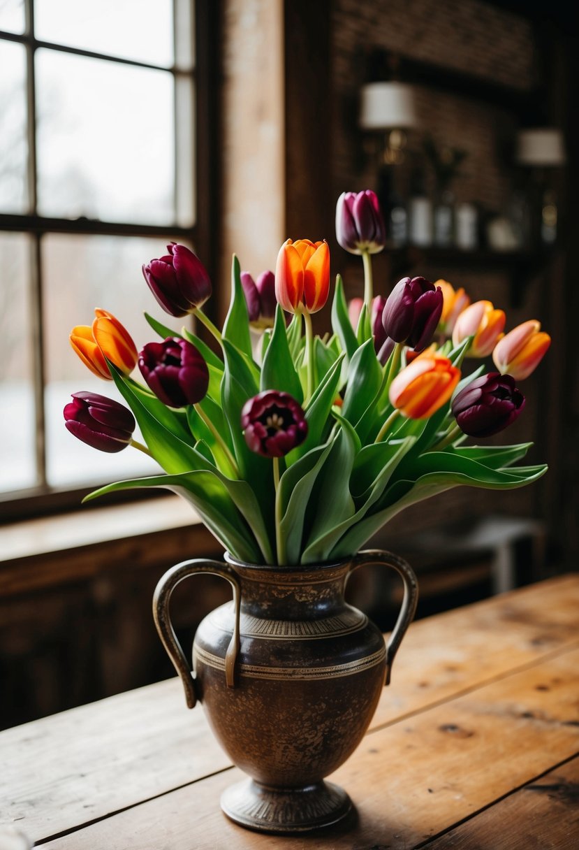 A rustic wedding bouquet featuring burgundy and orange mix tulips in a vintage vase on a wooden table