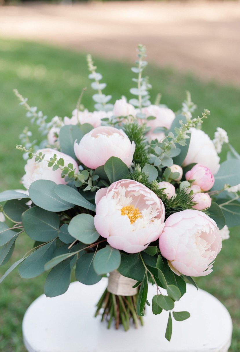 A delicate wedding bouquet with eucalyptus and pink peonies, arranged in a soft and romantic style