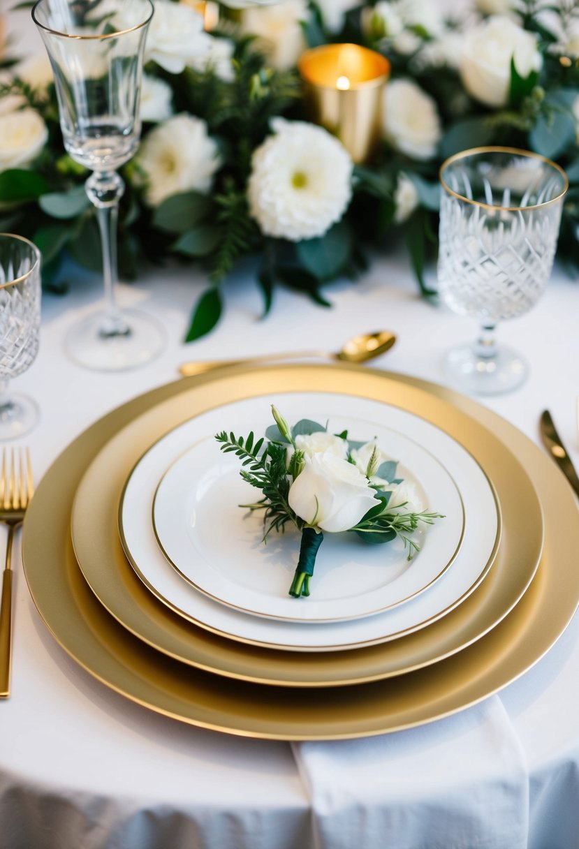 Gold-rimmed chargers with sleek, modern tableware, crystal glassware, and fresh floral centerpieces for an elegant, luxurious wedding table setting