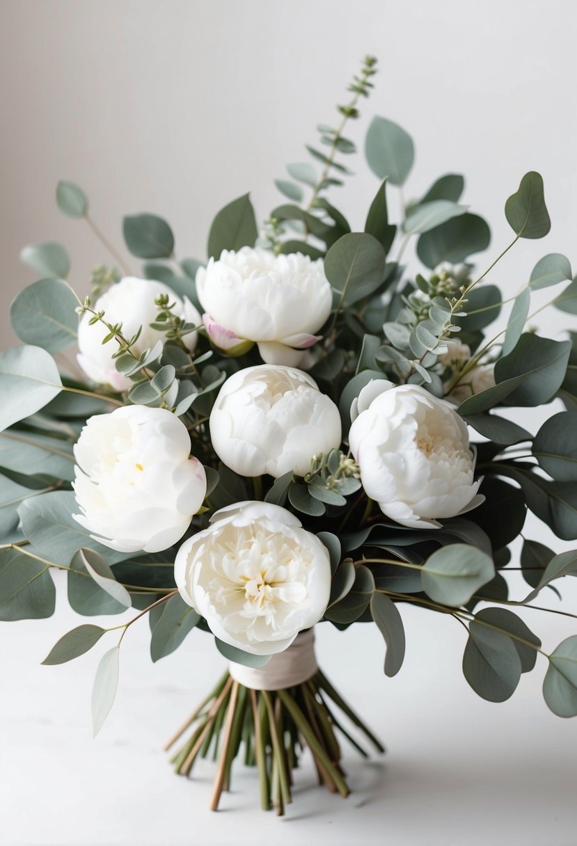 A delicate bouquet of white peonies and silver dollar eucalyptus, arranged in a flowing and ethereal composition