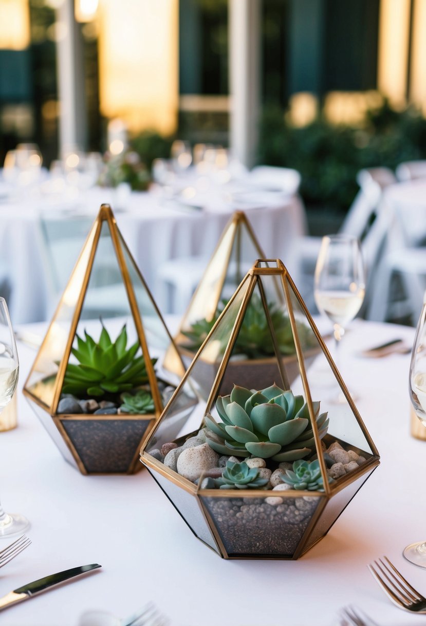 Geometric terrariums with succulents on a modern wedding table