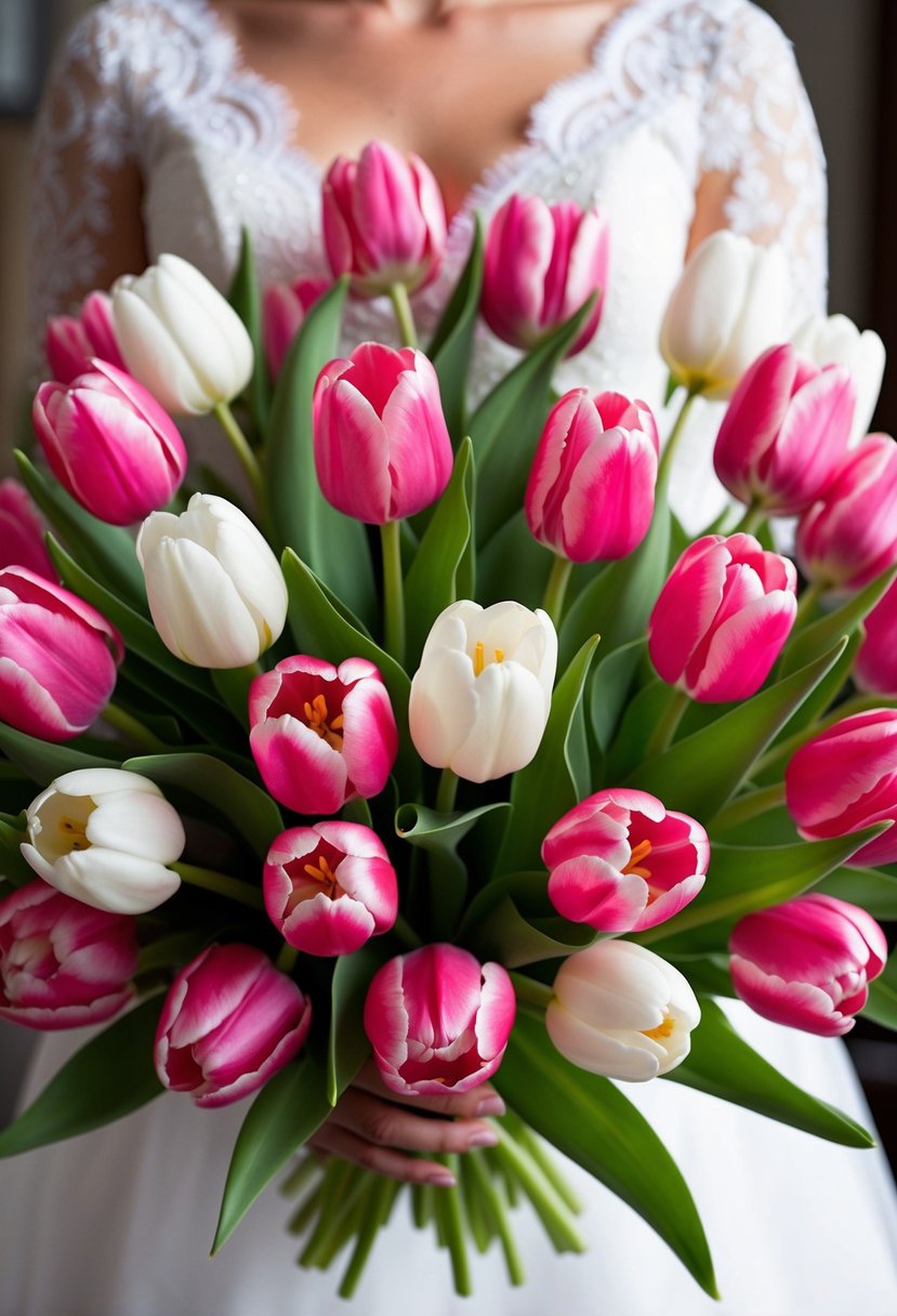 A vibrant pink and white tulip wedding bouquet, arranged in a delicate and elegant manner