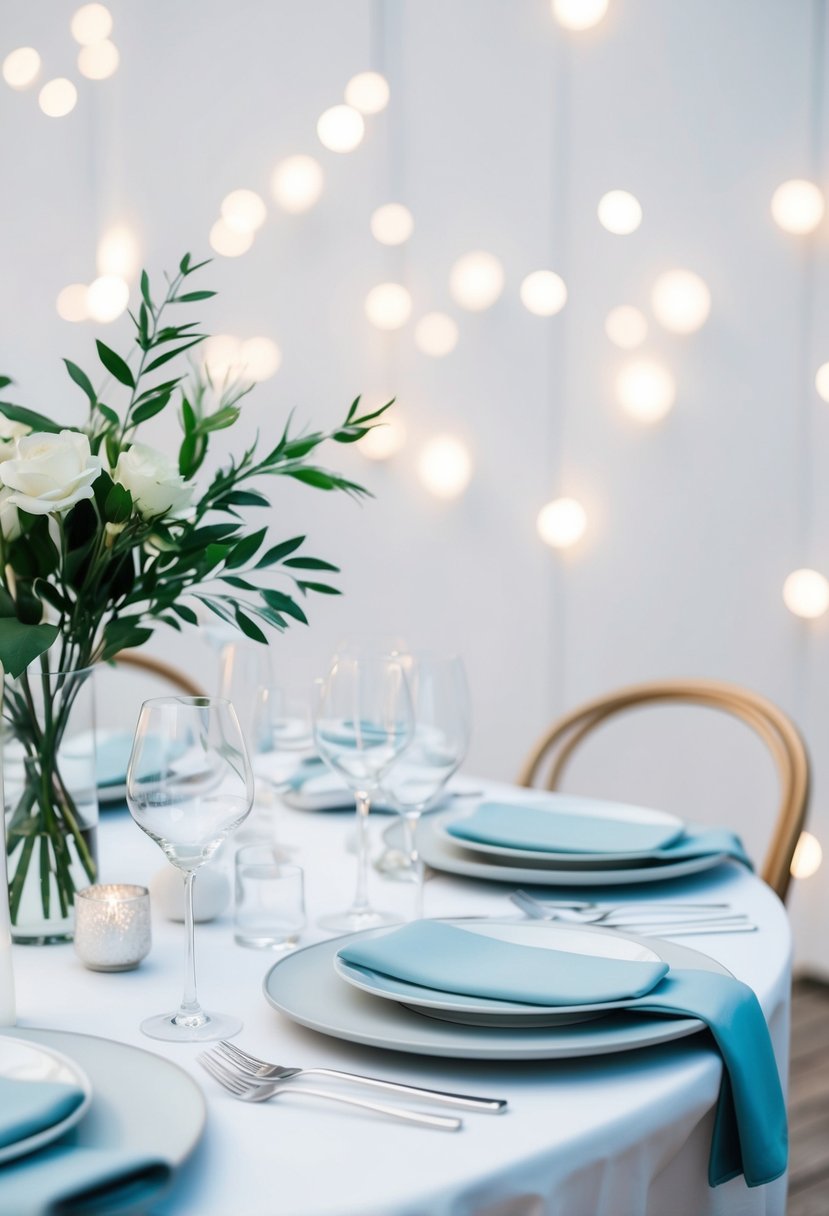 Sleek glassware arranged on a white table with minimal decor, creating a modern and elegant wedding table setting