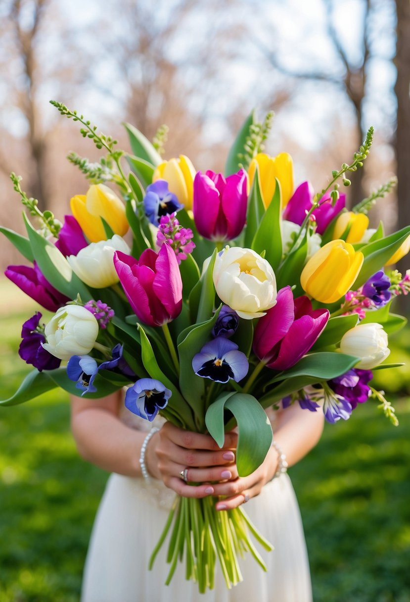 A vibrant bouquet of spring mix flowers including sweet peas and tulips, arranged in a whimsical and romantic wedding bouquet