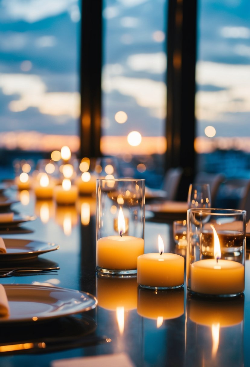 Several floating candles illuminate a sleek, modern wedding table, creating a dreamy and elegant ambiance