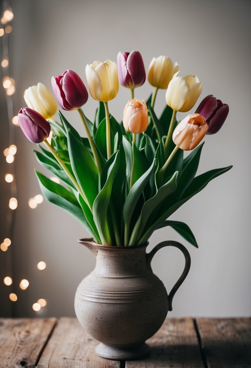 A lush bouquet of tulips and neutral roses in a rustic vase