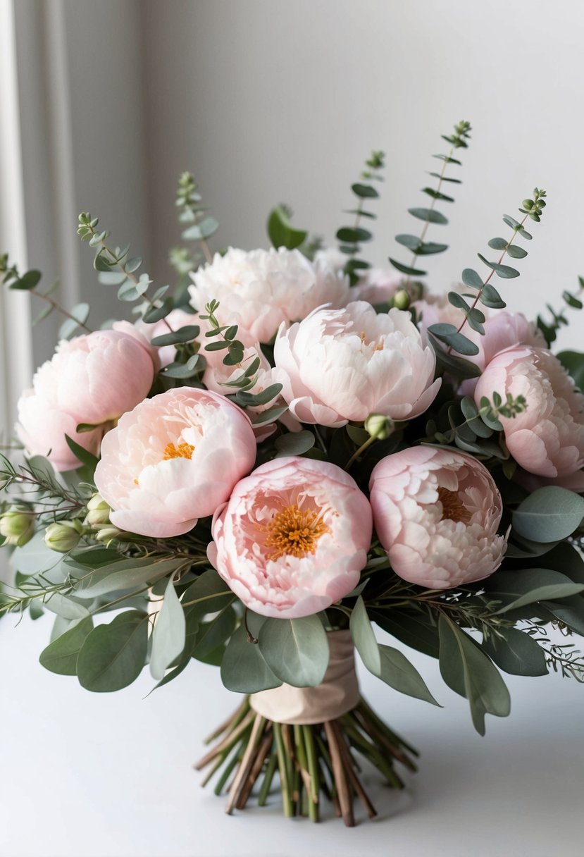 A lush bouquet of romantic blush peonies and seeded eucalyptus, arranged in a delicate and elegant composition