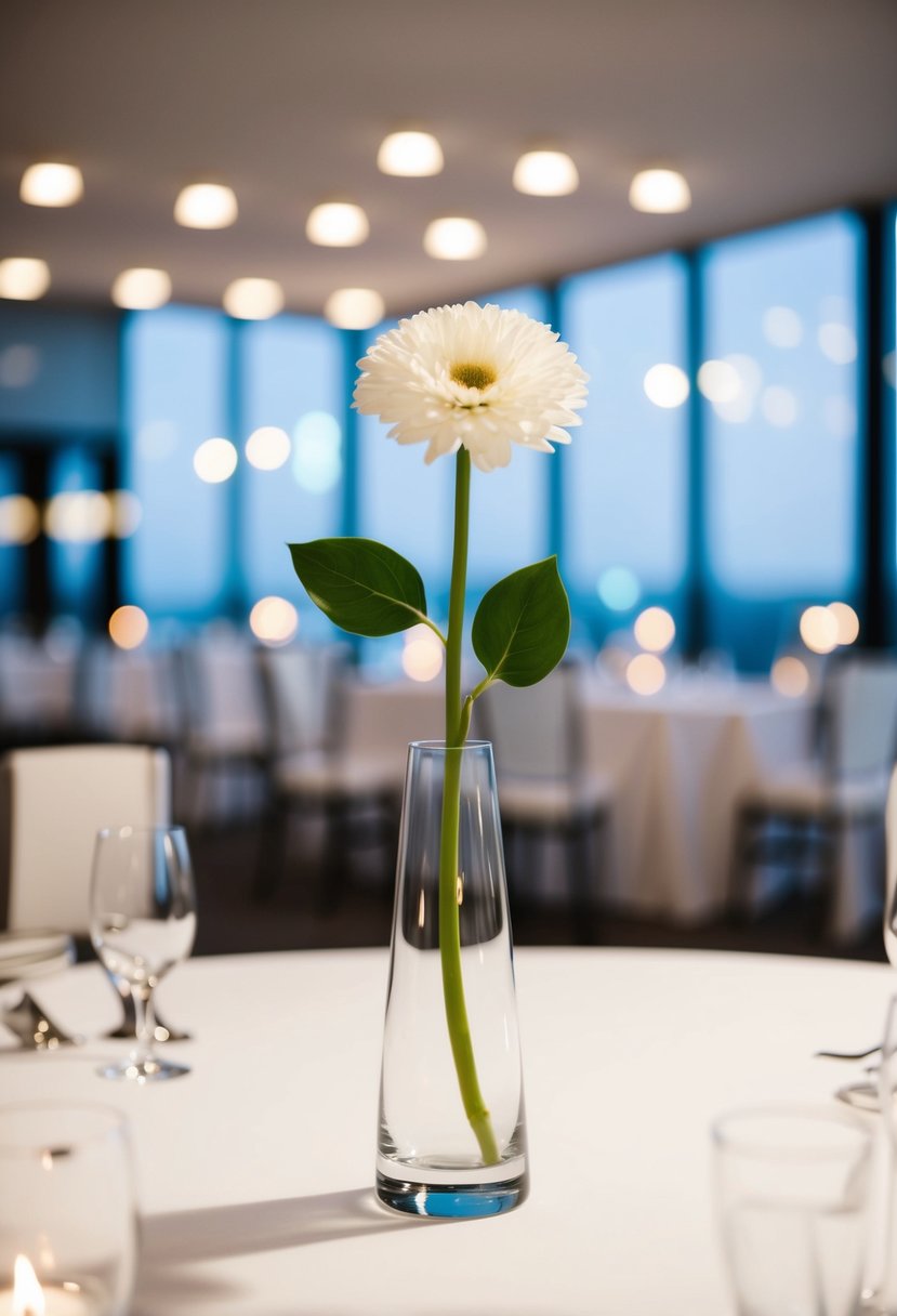 A sleek, minimalist bud vase holds a single bloom as a modern wedding table centerpiece