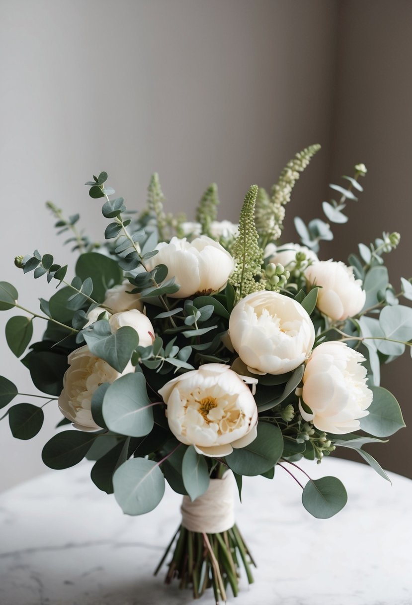 A lush bouquet of eucalyptus and cream peonies arranged in a delicate and elegant manner