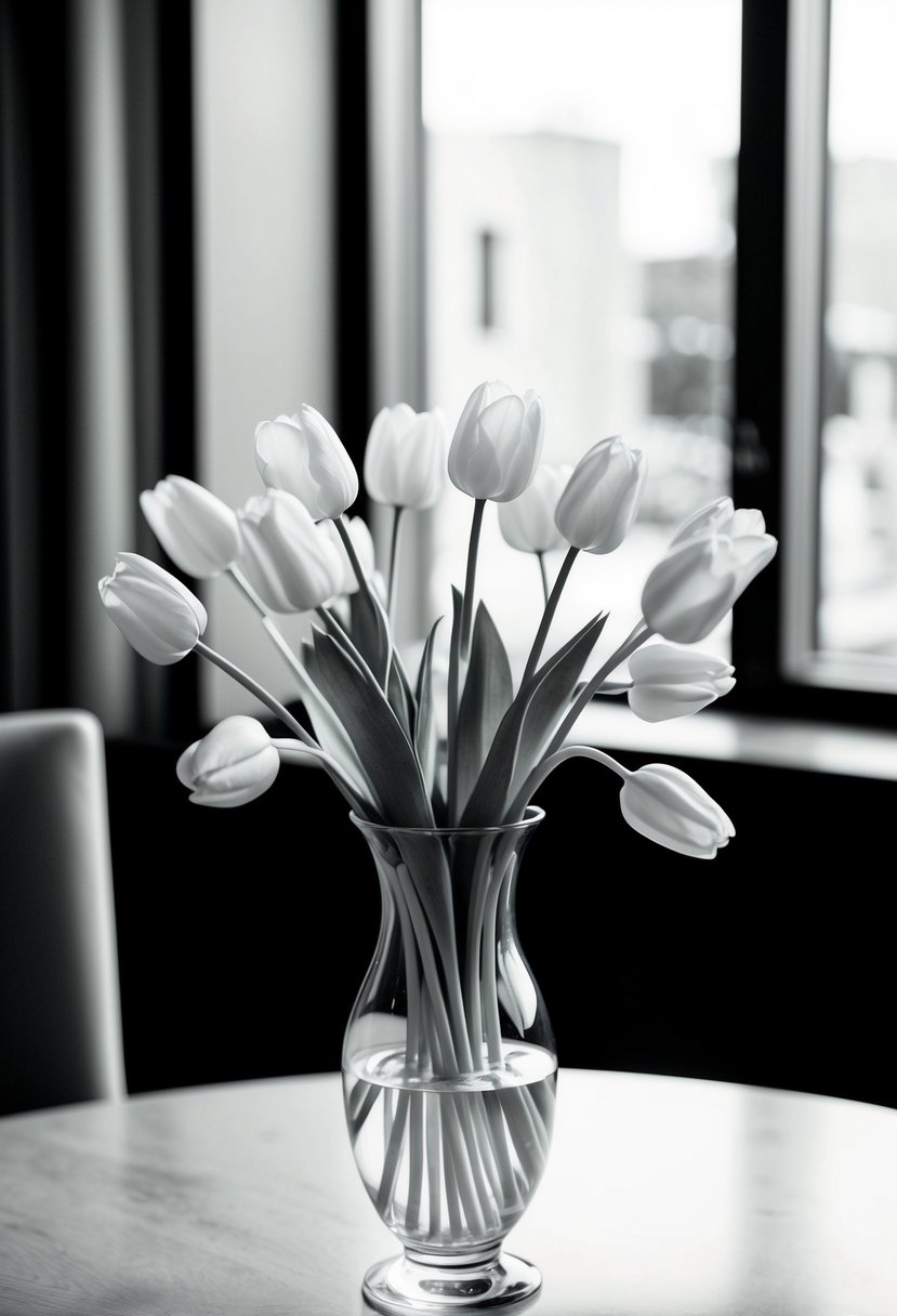 A monochrome white tulip arrangement in a glass vase, with delicate petals and long stems, creating a beautiful wedding bouquet idea